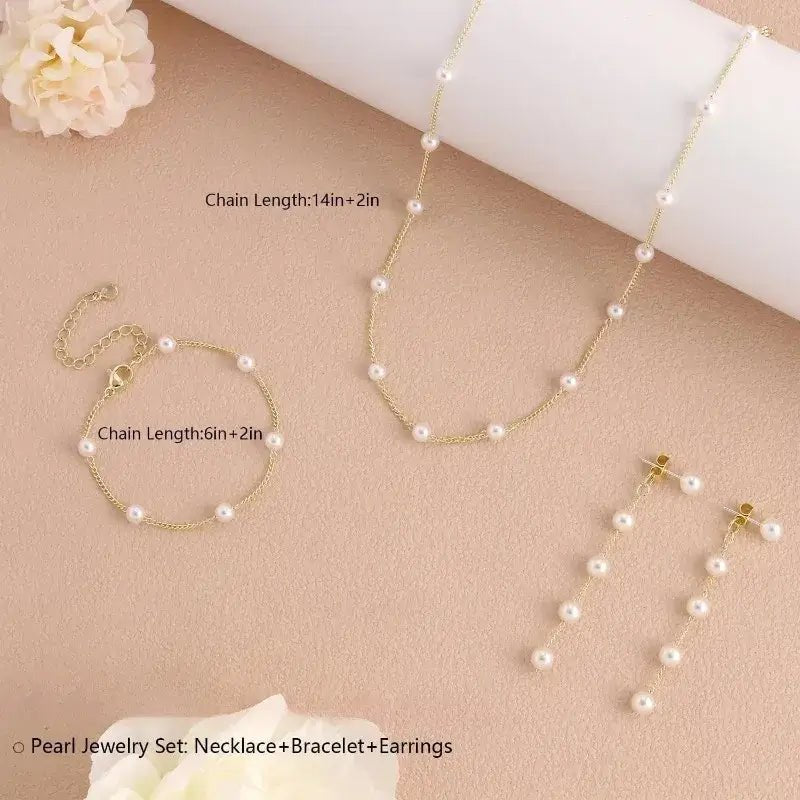 Gold Jewelry Set for Women – 14K Gold & Silver Plated Pearl Necklace, Drop Earrings & Bracelet | Elegant Gift Set - PAT CHEN