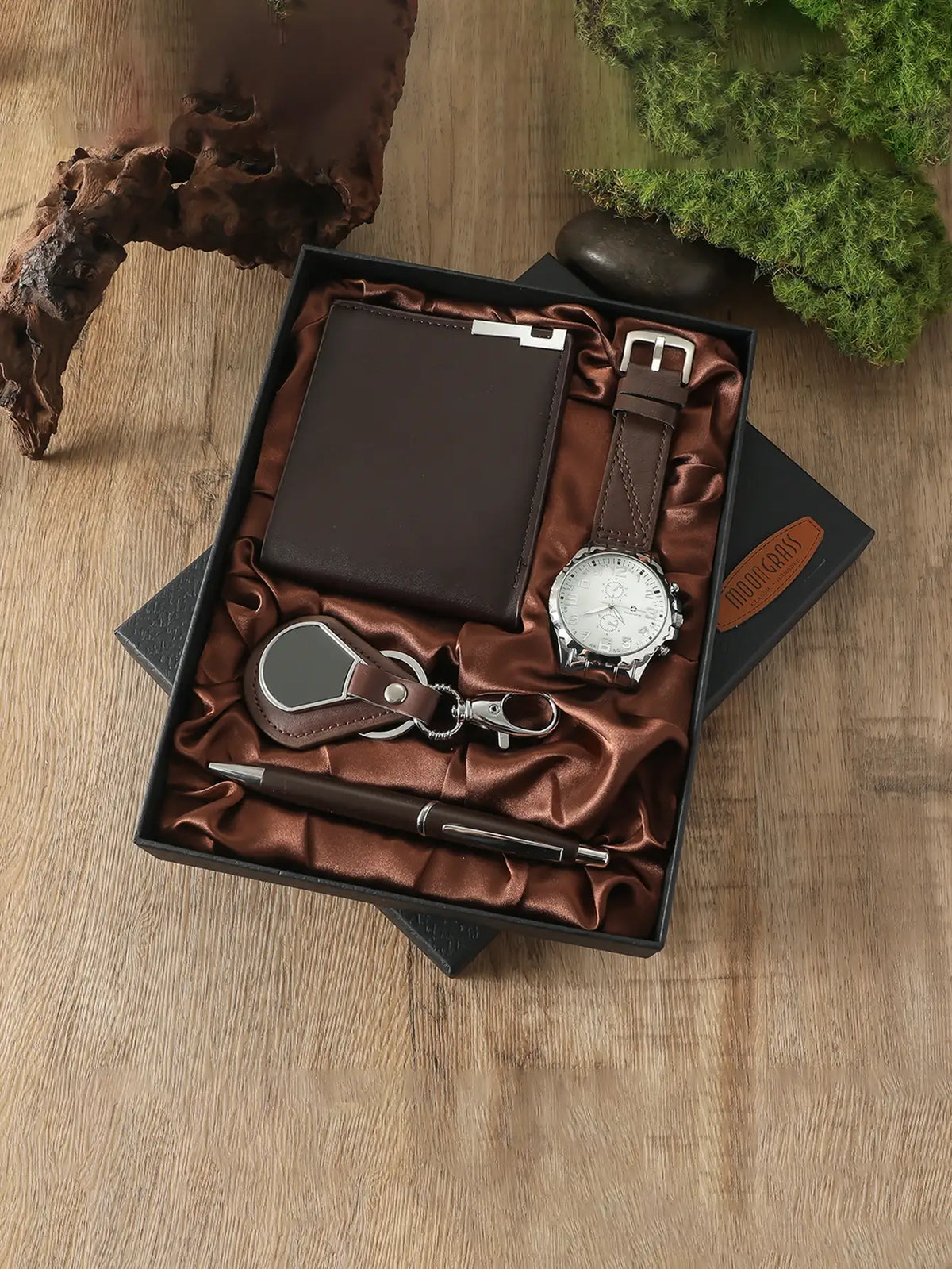 New silver and white round plate business watch wallet pen keychain 4-piece set for men's gift box set