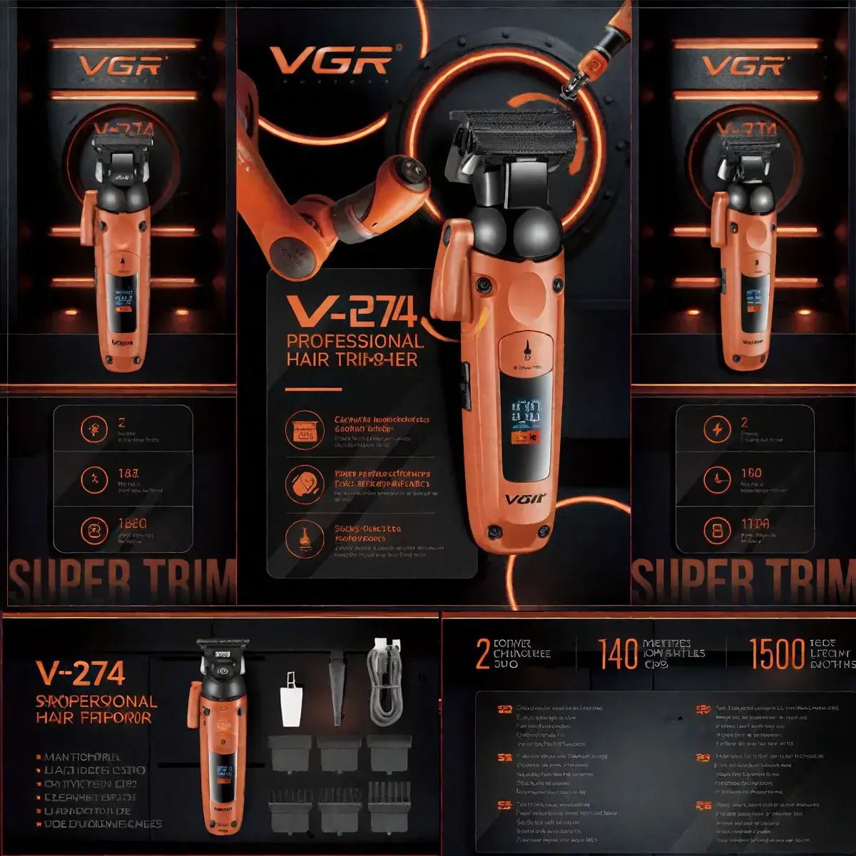 VGR Professional Hair Trimmer V - 274 – LED Display Rechargeable Barber Clippers for Men | Precision Grooming & Hair Cutting Machine - PAT CHEN