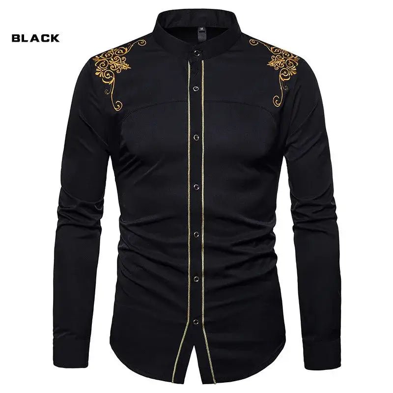 Men’s English Embroidered Shirt – Long Sleeve Casual Dress Style - PAT CHEN