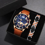 2PCS Men’s Luxury Calendar Quartz Watch Set – Fashion Business Casual Leather Wrist Watches with Matching Bracelet