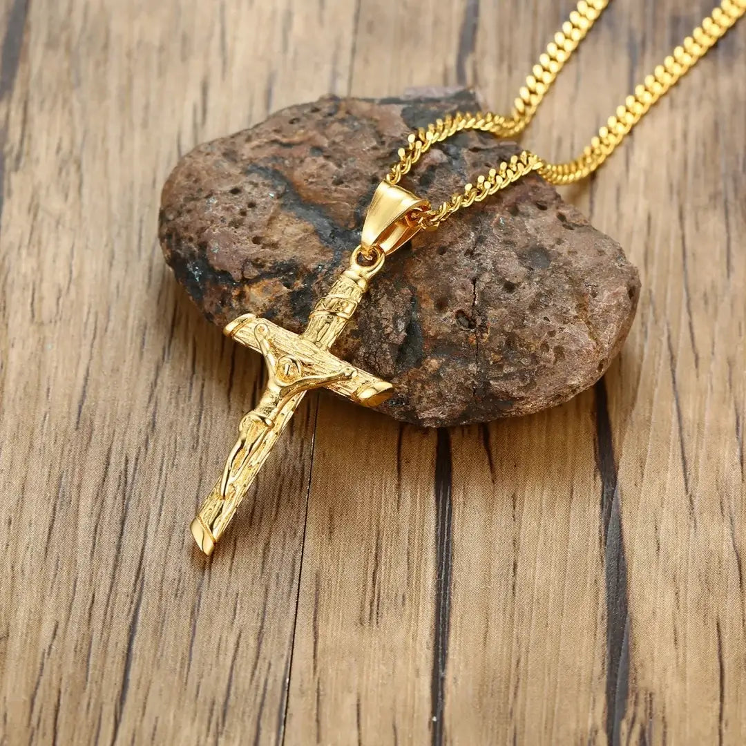 Gold Stainless Steel Cross Necklace – Jesus Pendant for Men & Women
