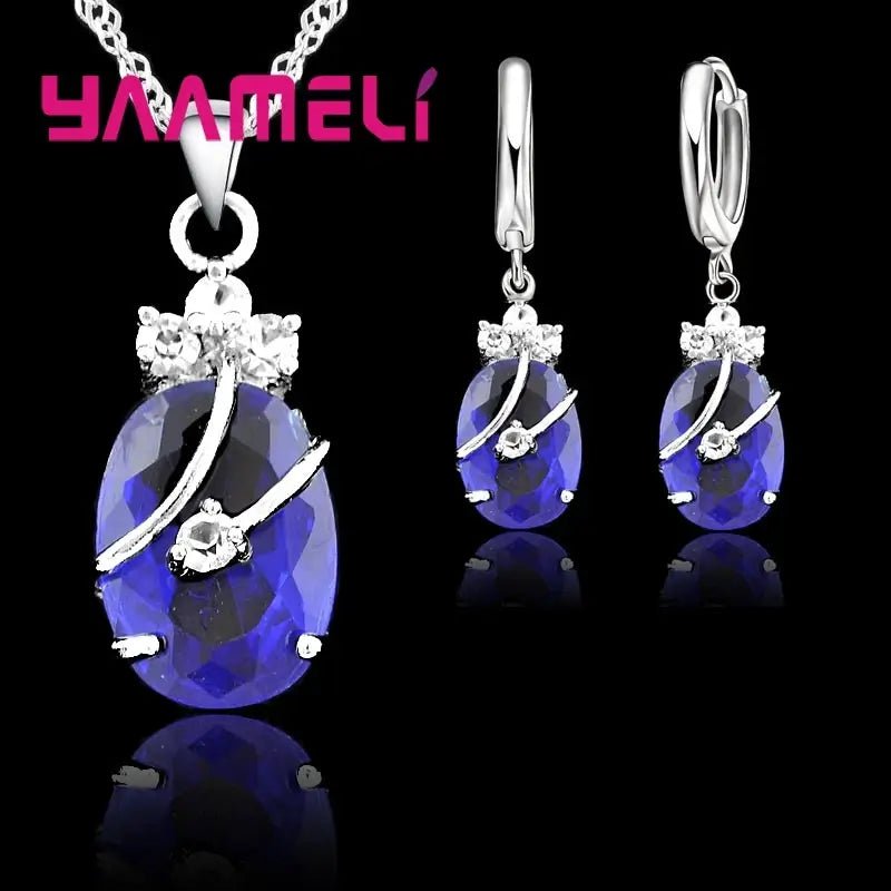 Vintage 925 Sterling Silver Jewelry Set for Women – Crystal Stone Pendant Necklace & Hoop Earrings | Elegant Wedding Set - PAT CHEN